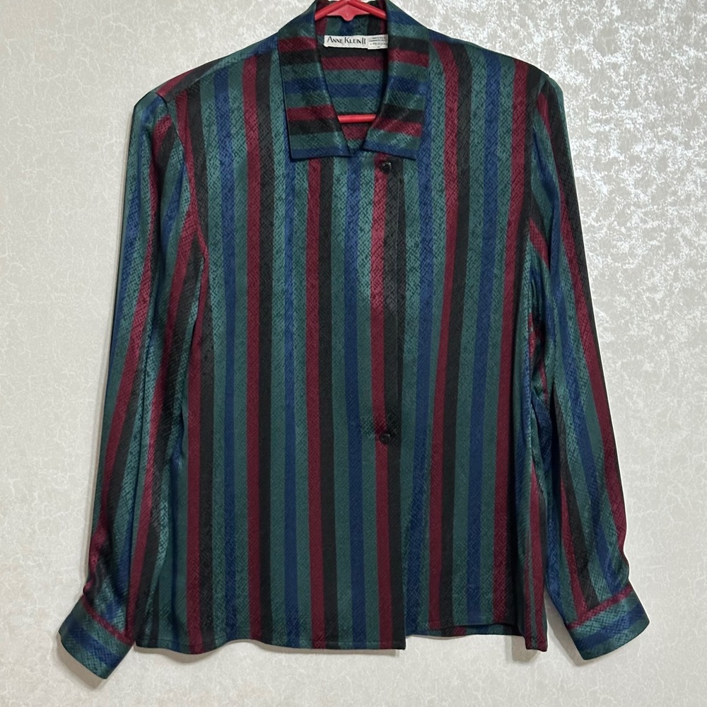 Anne Klein II Striped Button Down Blouse 100% Silk Vintage Green Red Blue Sz M